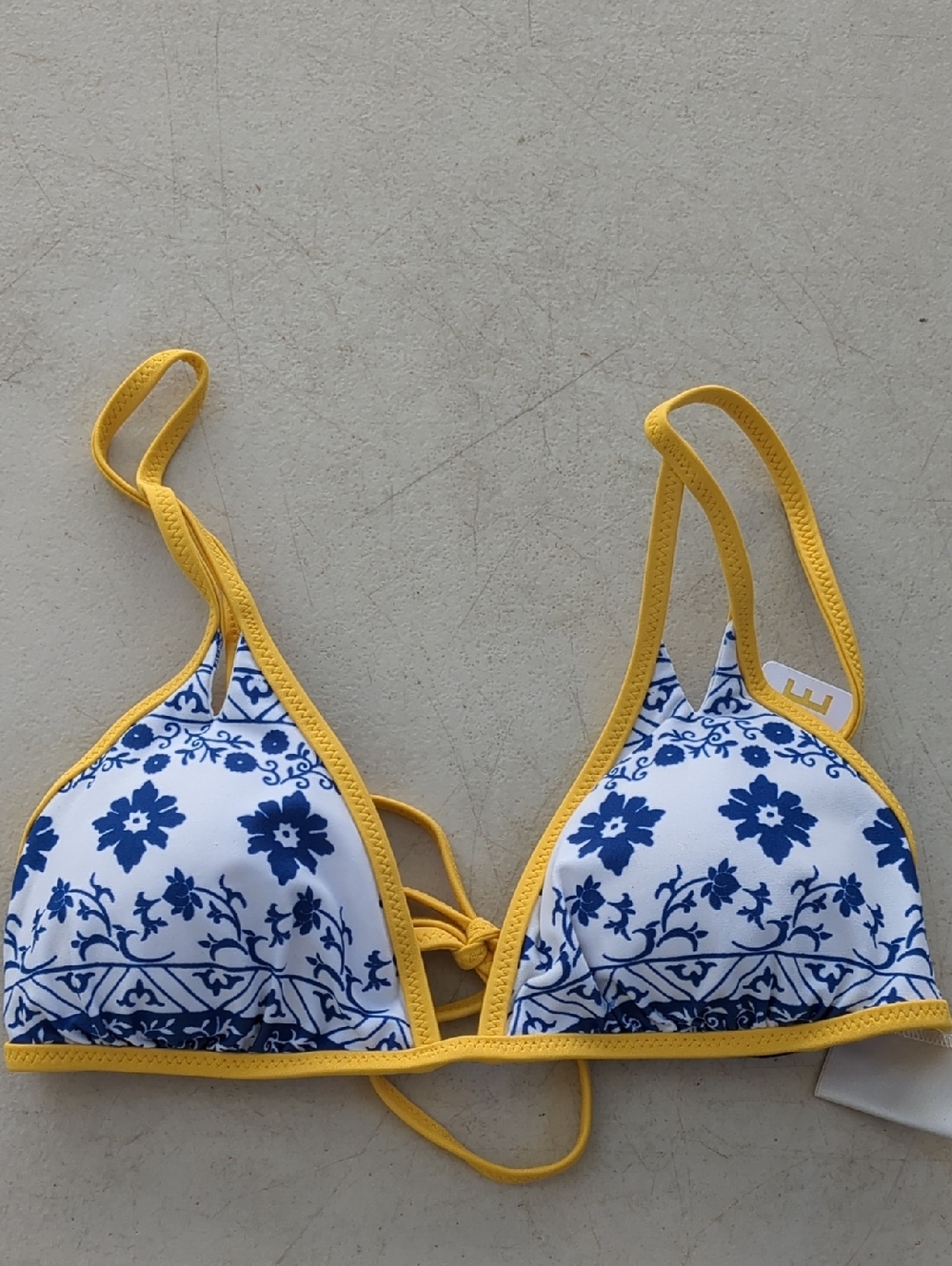 Amuse Society Blue Floral Triangle Bikini Top with Yellow Trim